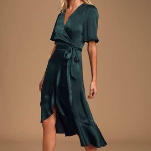 Lulu's Wrapped Up In Love Dark Green Satin Faux-Wrap Midi Dress